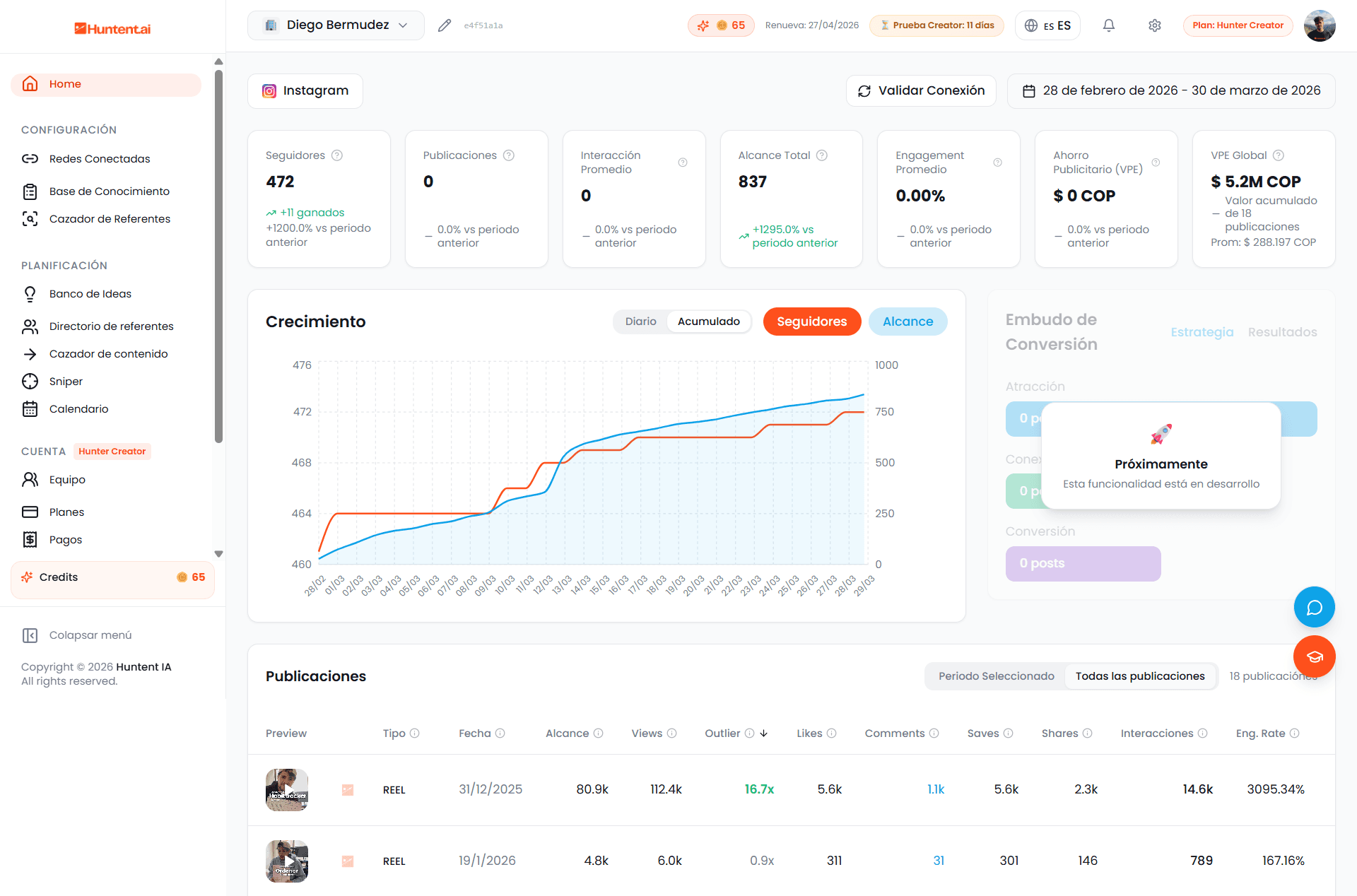 Captura del sistema Huntent AI